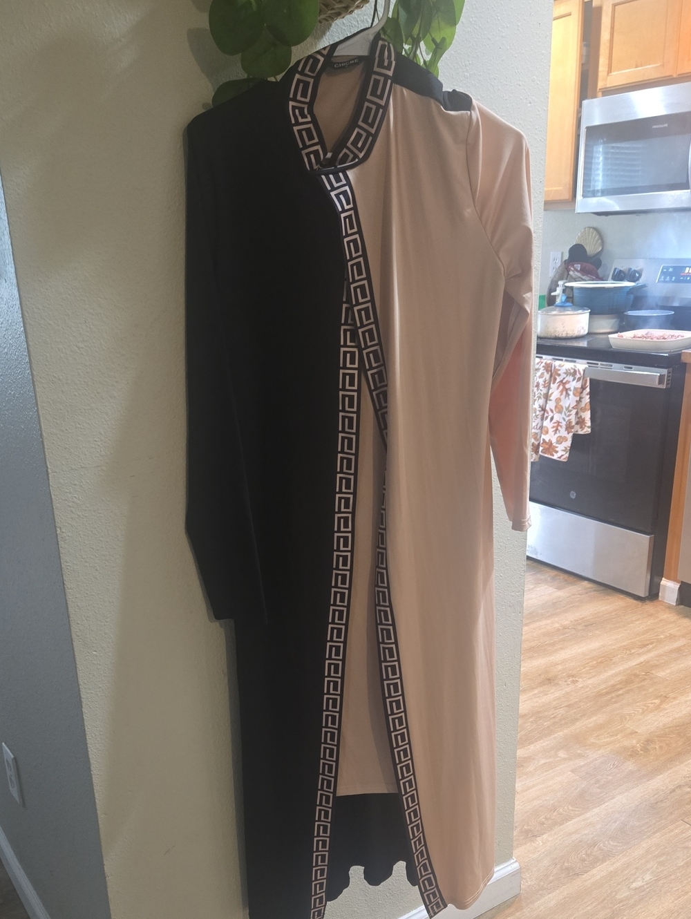 Two-Tone Black and Beige Longline Wrap Dress